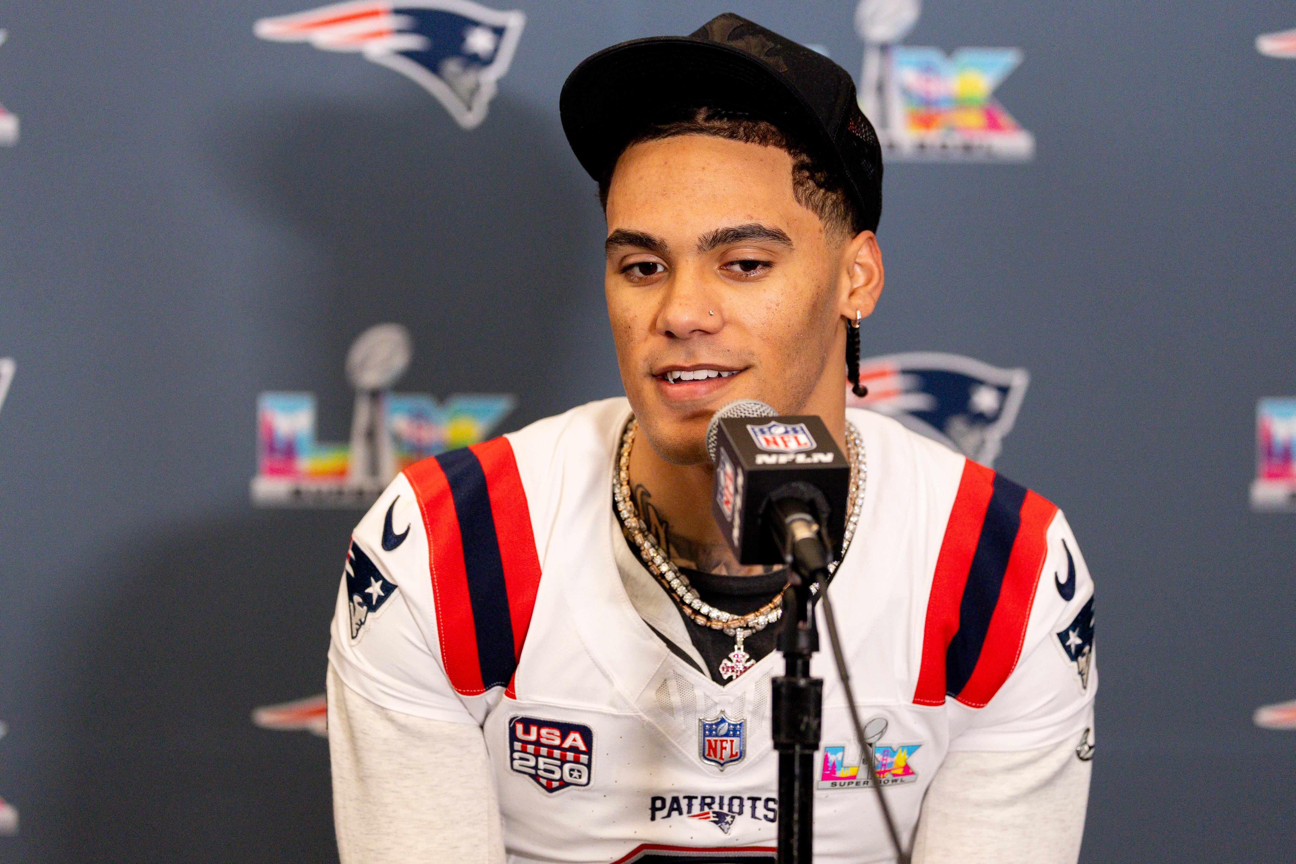 SANTA CLARA, CA - FEBRUARY 05: CB Christian Gonzalez (0) of the New England Patriots answers questions during the Thursday press conference on Thursday, February 5th at the Santa Clara Marriott in Santa Clara, CA. (Photo by Bob Kupbens/Icon Sportswire via Getty Images)