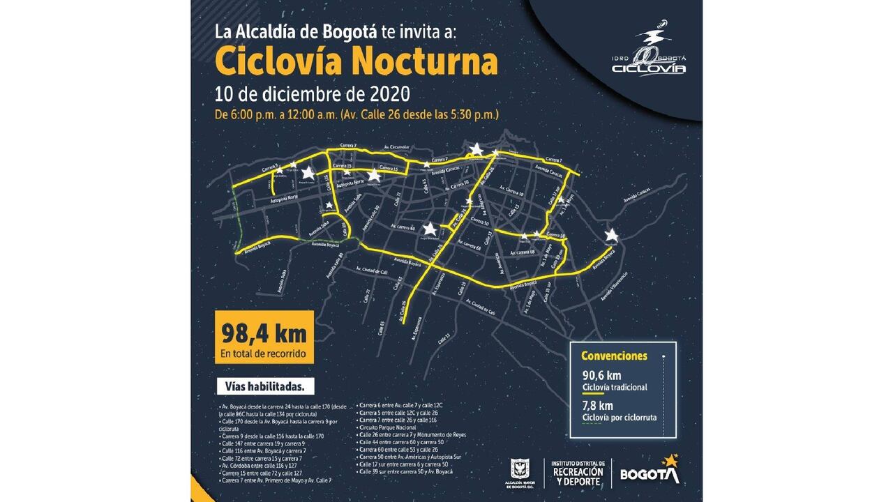 Mapa completo de la Ciclovía Nocturna del 10 de diciembre en Bogotá.