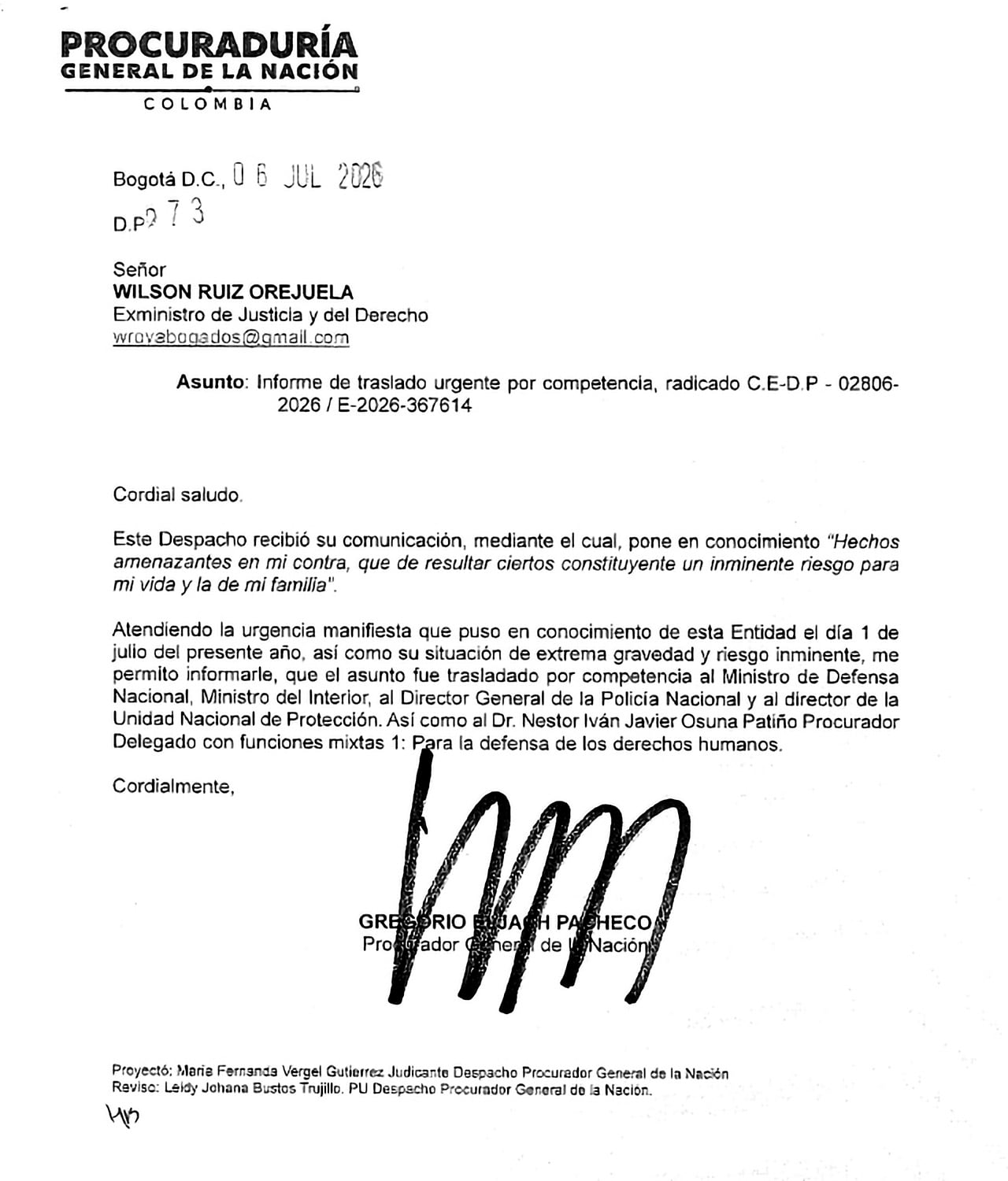 Inteligencia descubrió un plan para atentar contra la vida de Wilson Ruiz, exministro de Justicia, motivado por la extradición de narcos.