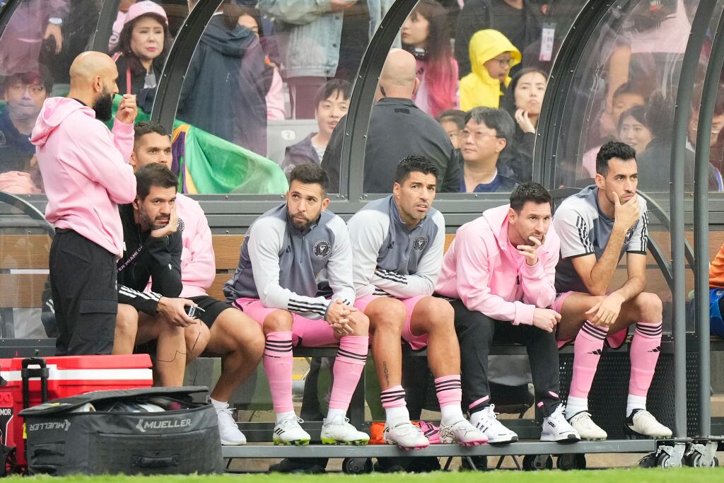 HONG KONG, CHINA - FEBRUARY 4: Lionel Messi (2R) of Inter Miami reacts during the preseason friendly match between Hong Kong Team and Inter Miami at Hong Kong Stadium on February 4, 2024 in Hong Kong, China. (Photo by Fred Lee/Getty Images)
