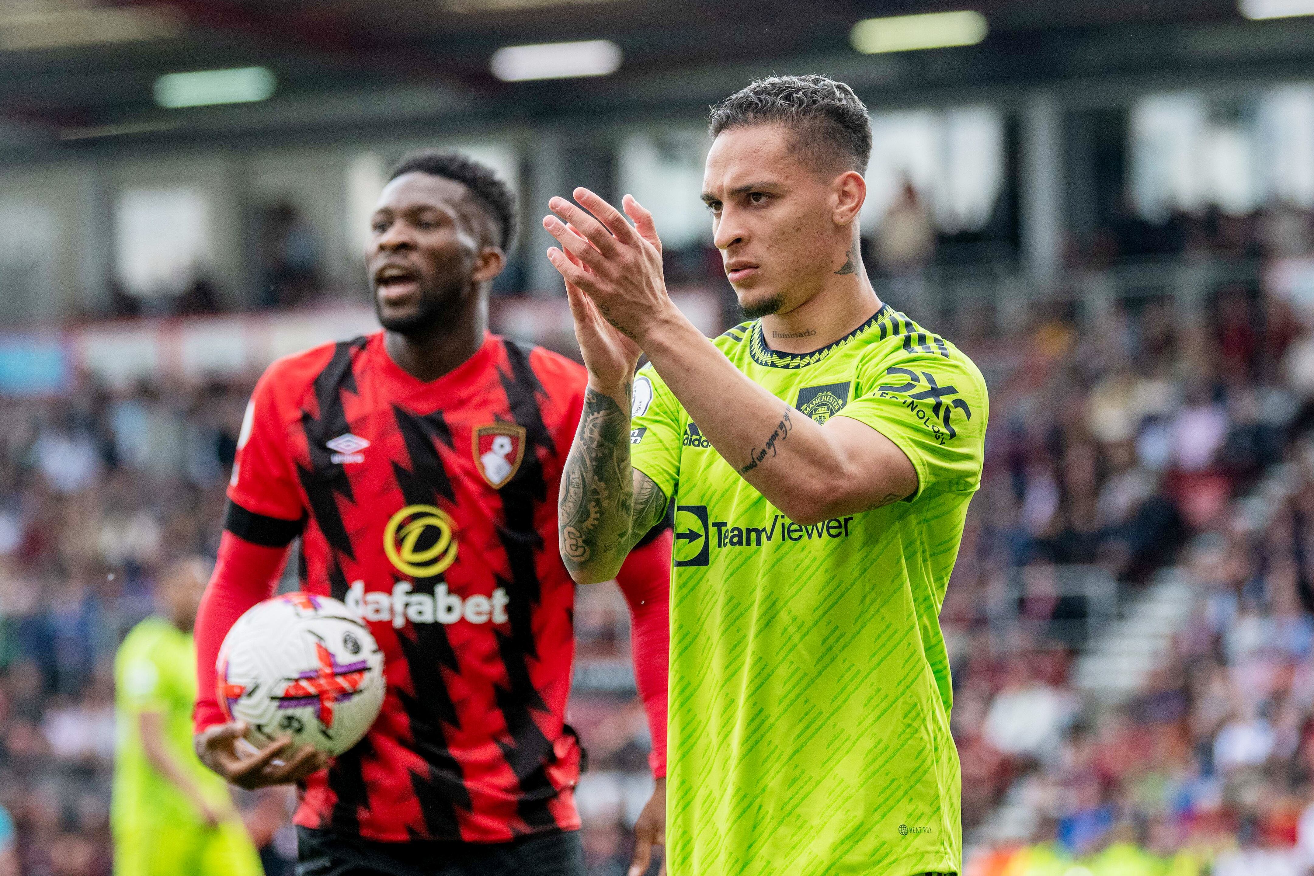 BOURNEMOUTH, ENGLAND - MAY 20: Antony of Manchester United in action during the Premier League match between AFC Bournemouth and Manchester United at Vitality Stadium on May 20, 2023 in Bournemouth, England. (Photo by Ash Donelon/Manchester United via Getty Images)