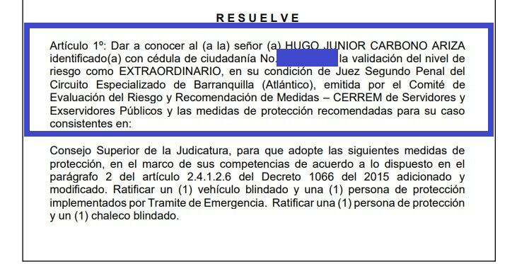 UNP ordena medidas de protección al juez Hugo Carbono