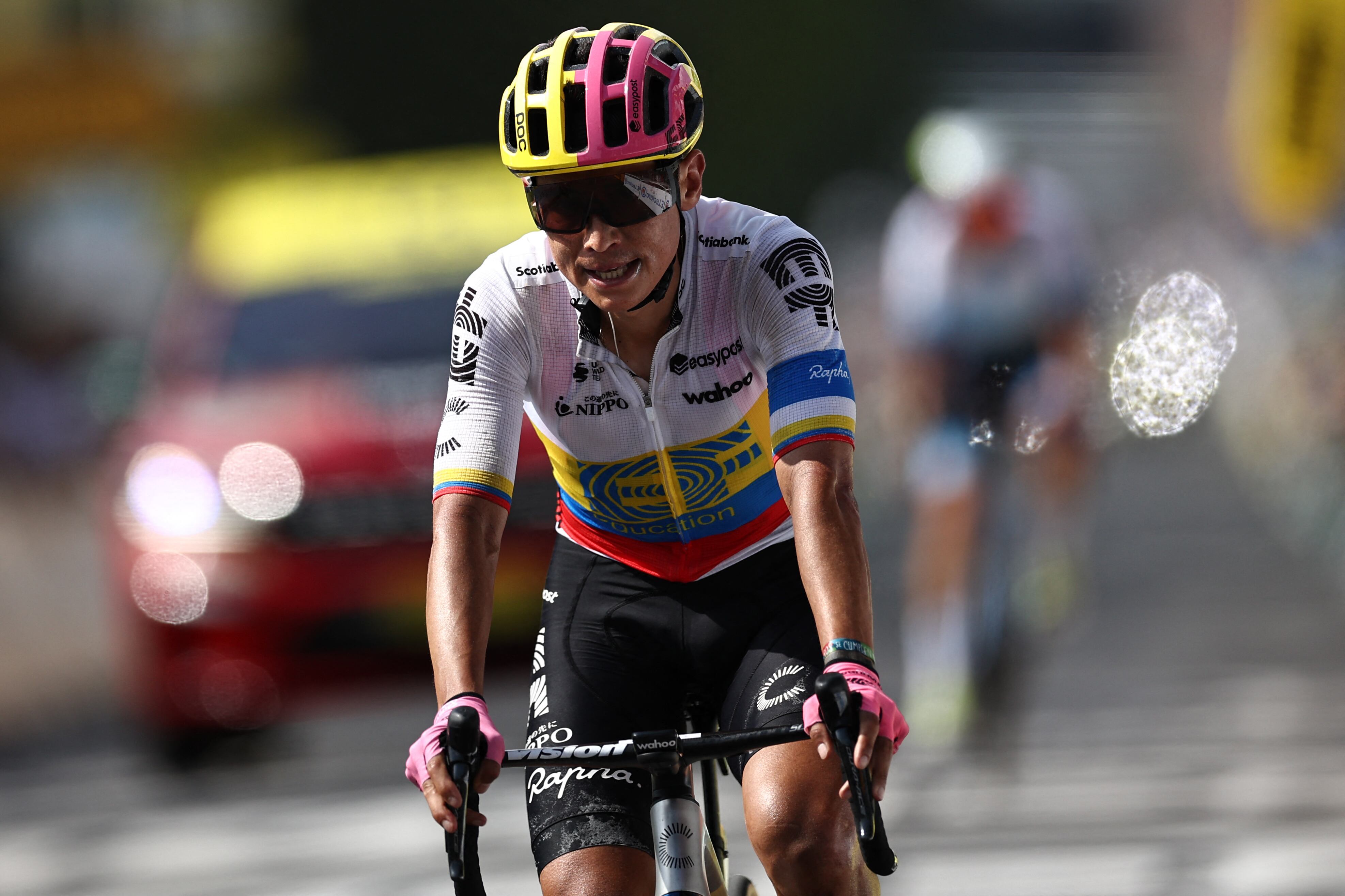 EF Education - Easypost's Colombian rider Jhoan Esteban Chaves cycles to the finish line of the 10th stage of the 110th edition of the Tour de France cycling race, 167,5 km between Vulcania and Issoire, in the Massif Central highlands in central France, on July 11, 2023. (Photo by Anne-Christine POUJOULAT / AFP)