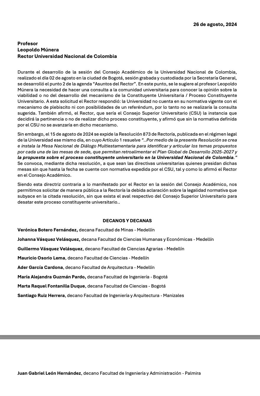 Carta de los decanos de la Universidad Nacional.