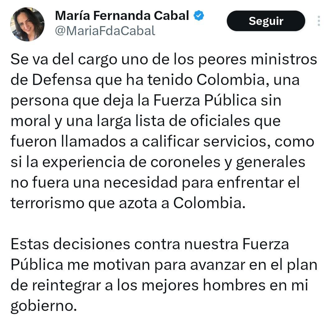 María Fernanda Cabal reacciona a la salida de Iván Velásquez del Ministerio de Defensa