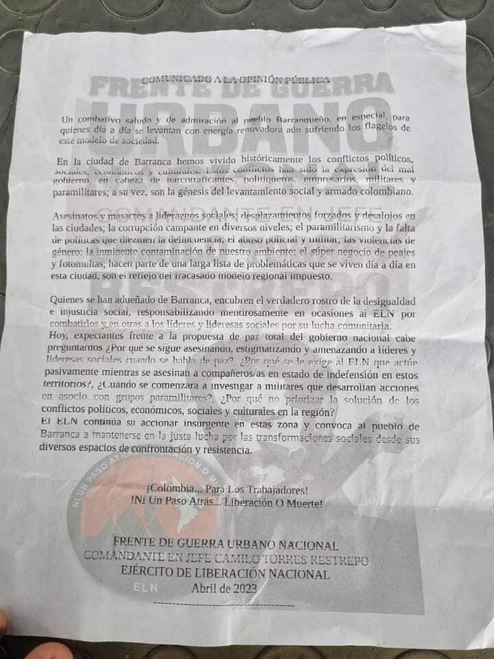 El ELN sigue generando temor en la comunidad.