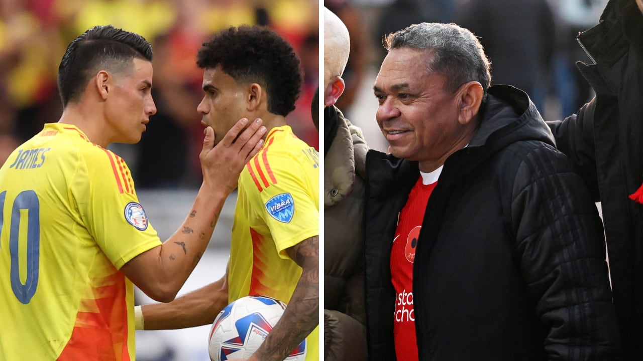 La reacción de Mane Díaz (der.) cuando James Rodríguez (der., junto a Luis Díaz) dijo que Lucho podría ser candidato al Balón de Oro.