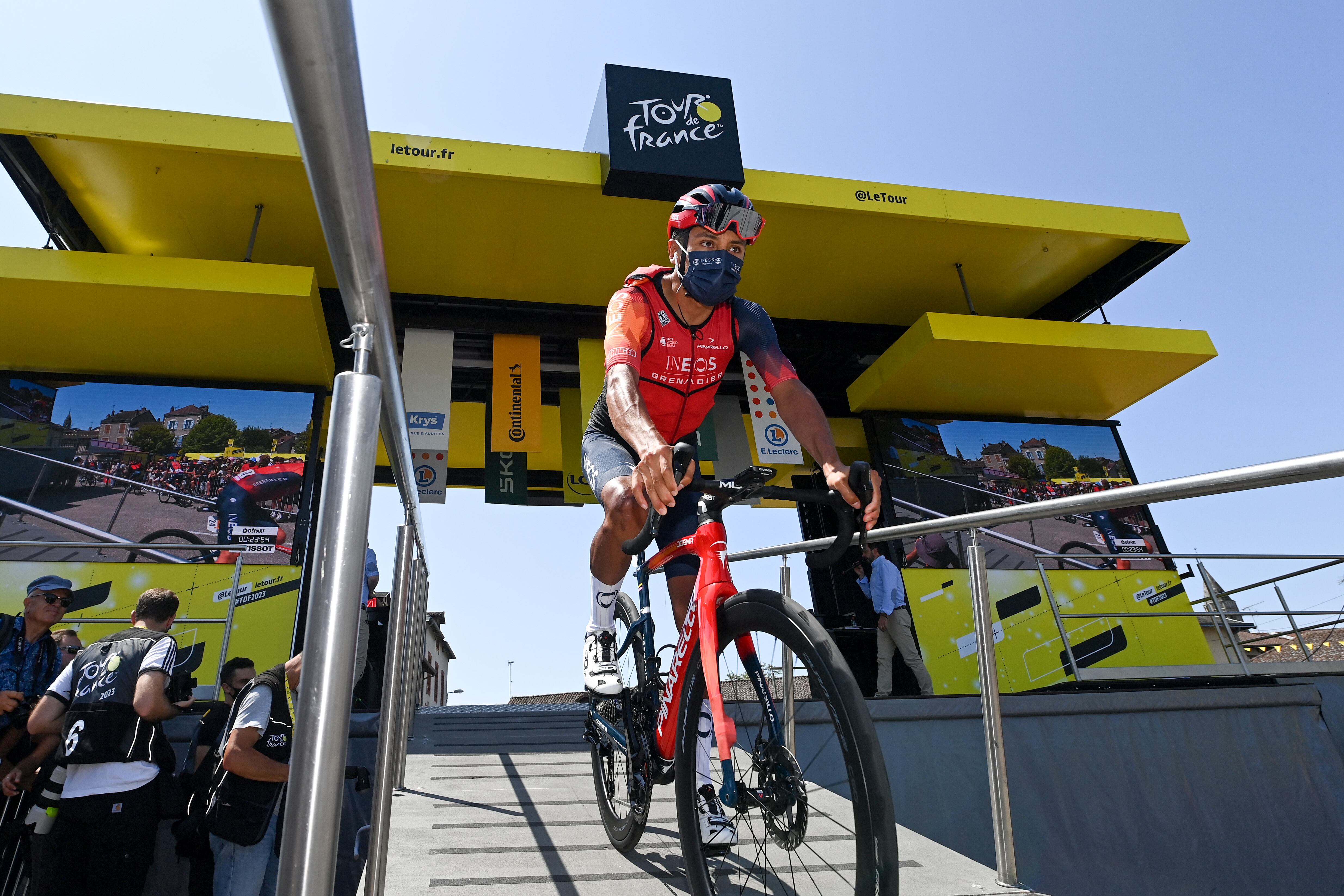 SAINT-LÉONARD-DE-NOBLAT, FRANCE - JULY 09: Egan Bernal of Colombia and Team INEOS Grenadiers prior to the stage nine of the 110th Tour de France 2023 a 182.4km stage from Saint-Léonard-de-Noblat to Puy de Dôme 1412m / #UCIWT / on July 09, 2023 in Saint-Léonard-de-Noblat, France. (Photo by Tim de Waele/Getty Images)