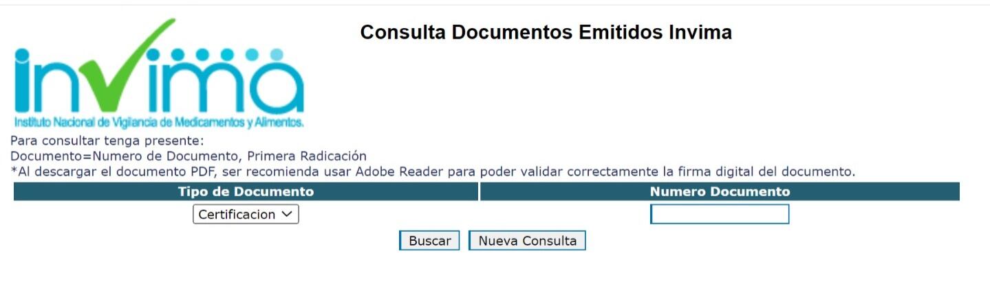 Captura de pantalla de la página habilitada por el Invima.