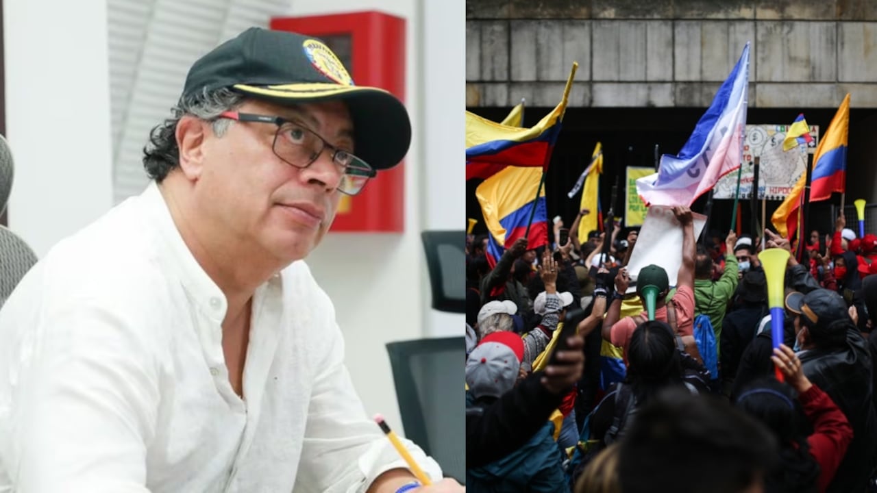 El presidente Petro y los manifestantes en los alrededores del Palacio de Justicia.