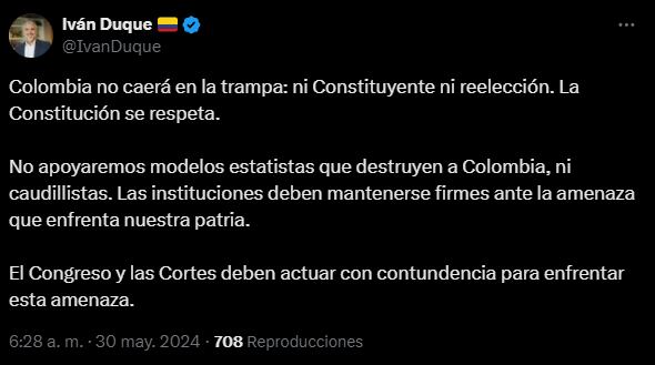 Publicación del expresidente Iván Duque en su cuenta de X.