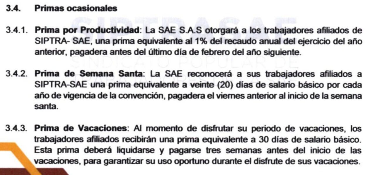 La solicitud del sindicato plantea una serie de primas extralegales, que resultan inviables para la SAE.