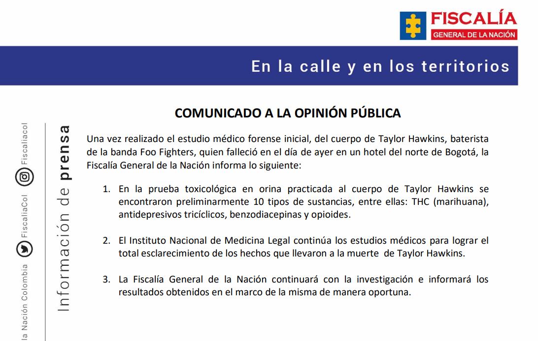 Fiscalía explicó todo sobre la muerte del famoso baterista Oliver Taylor Hawkins