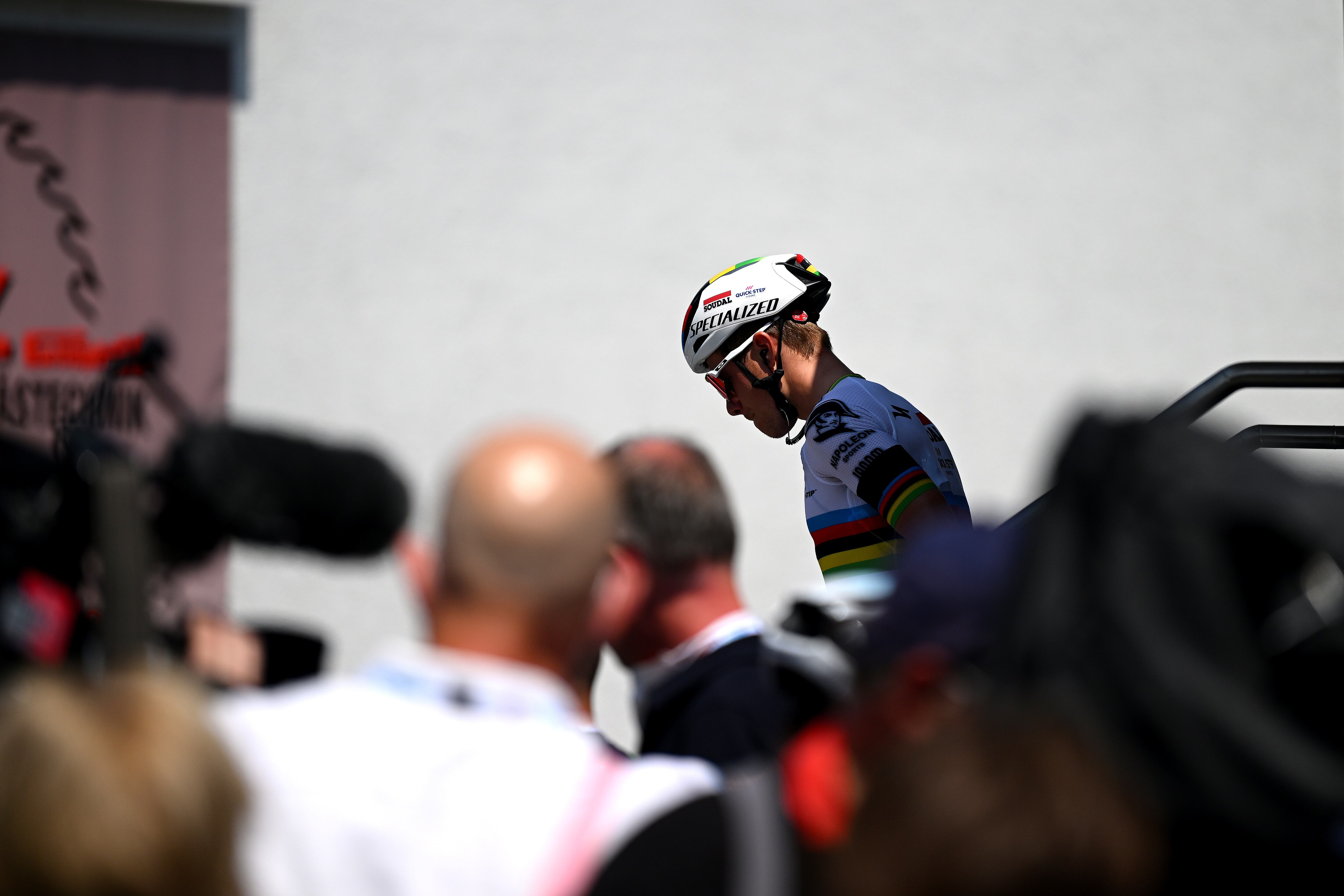 TÜBACH, SWITZERLAND - JUNE 17: Remco Evenepoel of Belgium and Team Soudal Quick-Step wearing a black ribbon in memory of Gino Mäder prior to the 86th Tour de Suisse 2023, Stage 7 a 183.5km stage from Tübach to Weinfelden / #UCIWT / on June 17, 2023 in Tübach, Switzerland. (Photo by  Dario Belingheri/Getty Images)