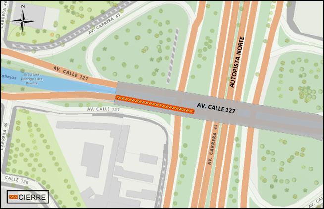 cierre por carriles en sentido occidente - oriente del puente vehicular de la Av. Calle 127 con Autopista Norte  movilidad