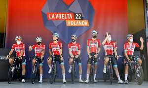 UTRECHT, NETHERLANDS - AUGUST 20: A general view of Thomas De Gendt of Belgium, Cedric Beullens of Belgium, Filippo Conca of Italy, Steff Cras of Belgium, Jarrad Drizners of Australia, Kamil Malecki of Poland, Harry Sweeny of Australia, Maxim Van Gils of Belgium and Team Lotto Soudal during the team presentation prior to the 77th Tour of Spain 2022, Stage 2 a 175,1km stage from `s-Hertogenbosch to Utrecht / #LaVuelta22 / #WorldTour / on August 20, 2022 in Utrecht, Netherlands. (Photo by Bas Czerwinski/Getty Images)