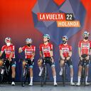 UTRECHT, NETHERLANDS - AUGUST 20: A general view of Thomas De Gendt of Belgium, Cedric Beullens of Belgium, Filippo Conca of Italy, Steff Cras of Belgium, Jarrad Drizners of Australia, Kamil Malecki of Poland, Harry Sweeny of Australia, Maxim Van Gils of Belgium and Team Lotto Soudal during the team presentation prior to the 77th Tour of Spain 2022, Stage 2 a 175,1km stage from `s-Hertogenbosch to Utrecht / #LaVuelta22 / #WorldTour / on August 20, 2022 in Utrecht, Netherlands. (Photo by Bas Czerwinski/Getty Images)