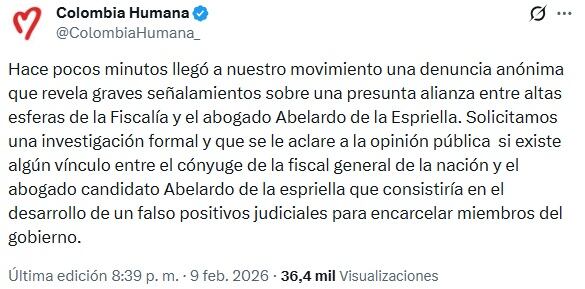 Este es el mensaje que publicó Colombia Humana señalando a la Fiscalía de tener vínculos con el candidato presidencial, Abelardo de la Espriella.