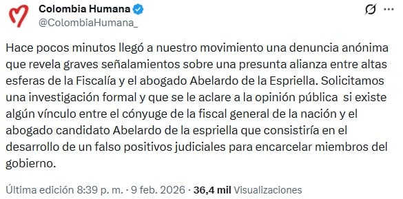 Este es el mensaje que publicó Colombia Humana señalando a la Fiscalía de tener vínculos con el candidato presidencial, Abelardo de la Espriella.