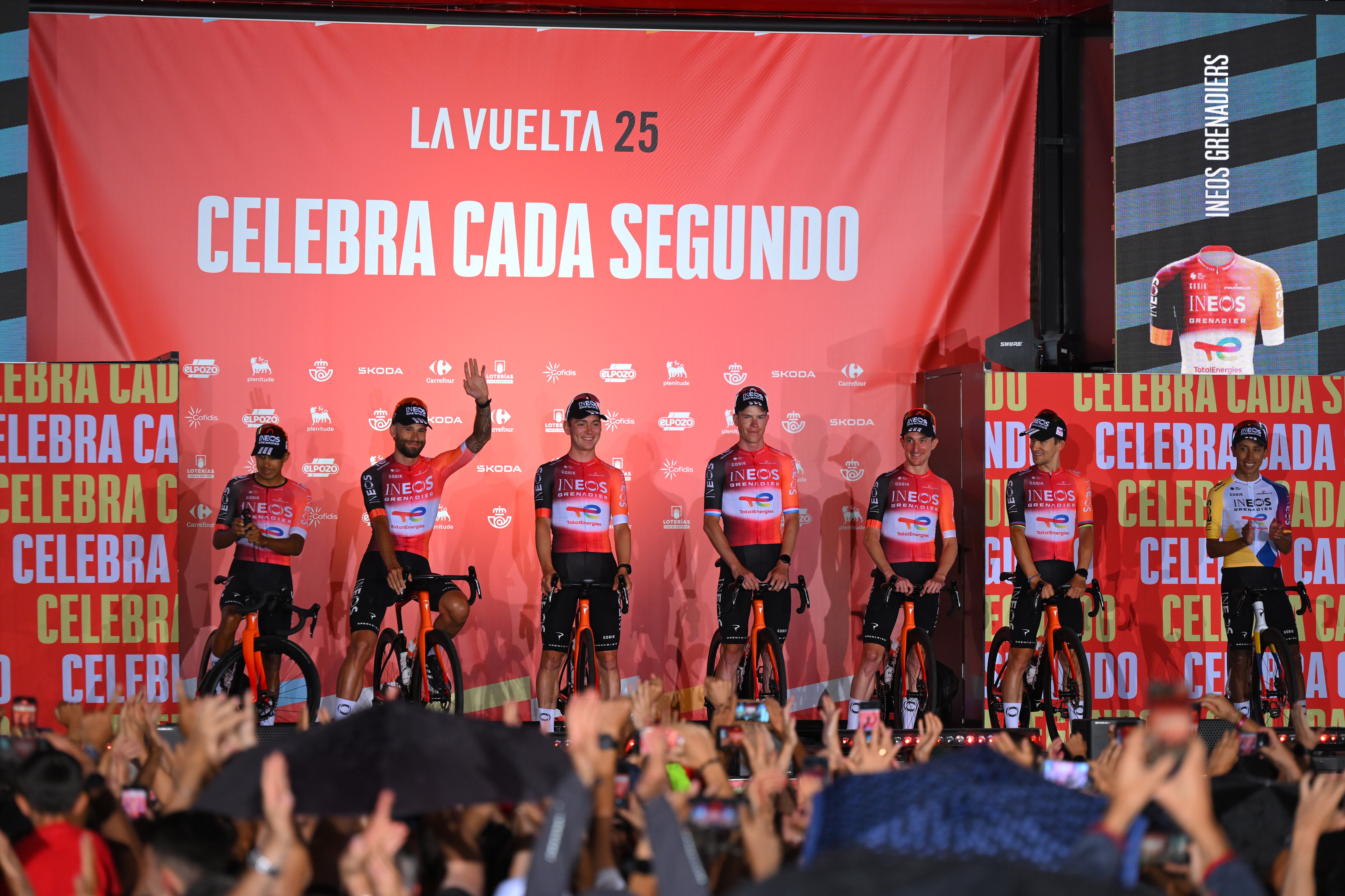 TURIN, ITALY - AUGUST 21: A general view of Egan Bernal of Colombia, Filippo Ganna of Italy, Michal Kwiatkowski of Poland, Bob Jungels of Luxembourg, Brandon Smith Rivera of Colombia, Magnus Sheffield of United States, Victor Langellotti of Monaco, Lucas Hamilton of Australia and Team INEOS Grenadiers during the La Vuelta - 80th Tour of Spain 2025, Team Presentation / #UCIWT / on August 21, 2025 in Turin, Italy. (Photo by Tim de Waele/Getty Images)