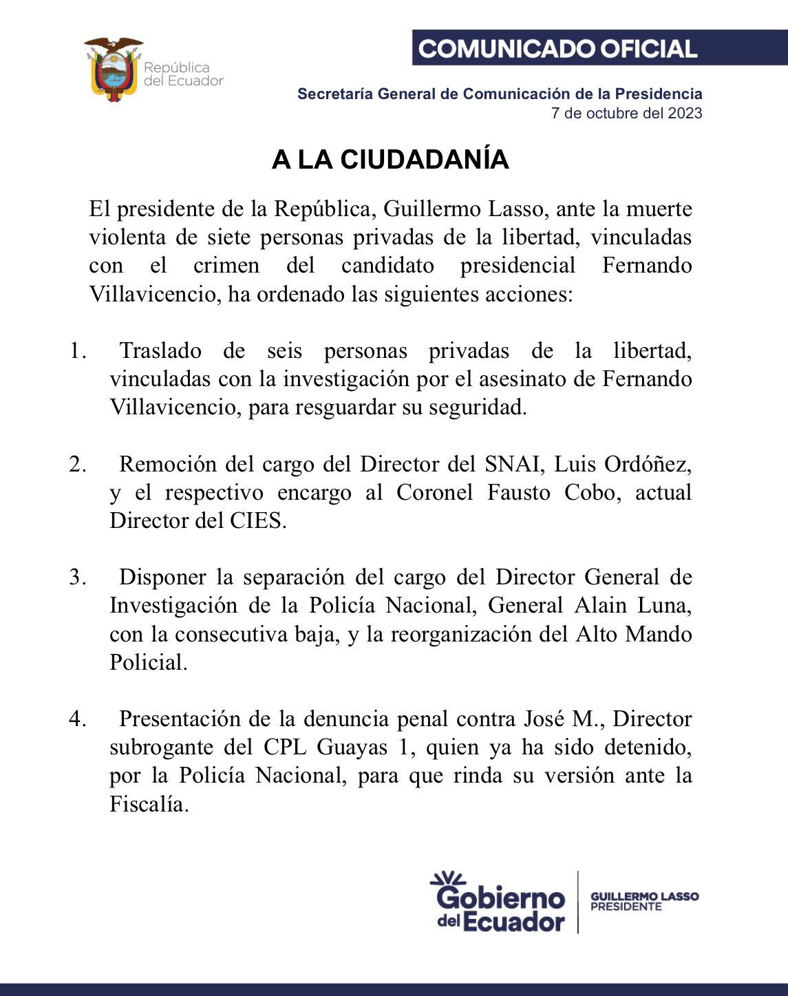 Últimas medidas del gobierno ecuatoriano, tras crisis en el sistema penitenciario.