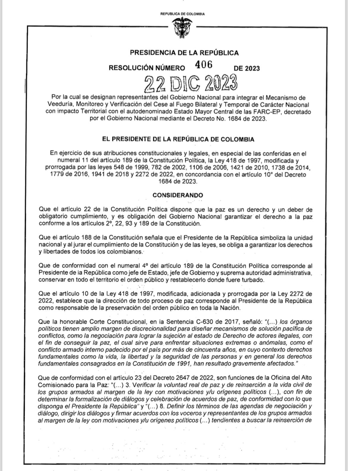 Resolución presidente Petro monitoreo cese al fuego Farc Iván Mordisco
