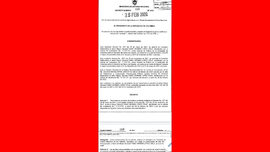 Decreto por medio del cual se ordenó la finalización de la comisión en España del general Fabio López.