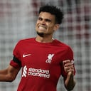 LIVERPOOL, ENGLAND - OCTOBER 04: Luis Diaz of Liverpool reacts during the UEFA Champions League group A match between Liverpool FC and Rangers FC at Anfield on October 04, 2022 in Liverpool, England. (Photo by Ian MacNicol/Getty Images)
