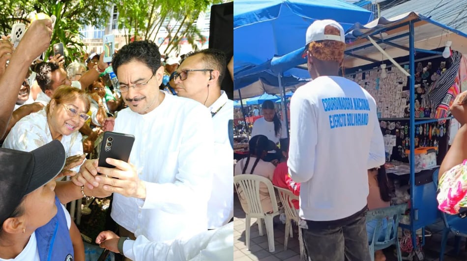 Iván Cepeda en Nariño, junto a hombre con camiseta de la Coordinadora Nacional Ejército Bolivariano, en inmediaciones del evento.