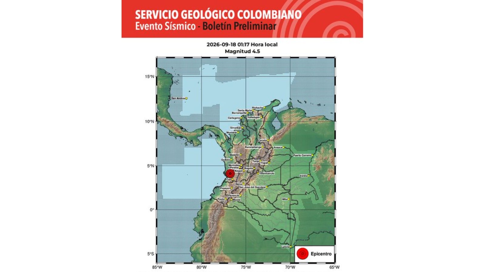 El sismo se registró en la madrugada de este viernes 18 de septiembre y tuvo como referencia a Istmina, Chocó.