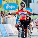 Colombia's Juan Sebastian Molano celebrates winning the second stage of the Giro di Sicilia, Tour of Sicily cycling race, from Selinunte to Mondello, Italy, Wednesday, Sept. 29, 2021. (Massimo Paolone/LaPresse via AP)