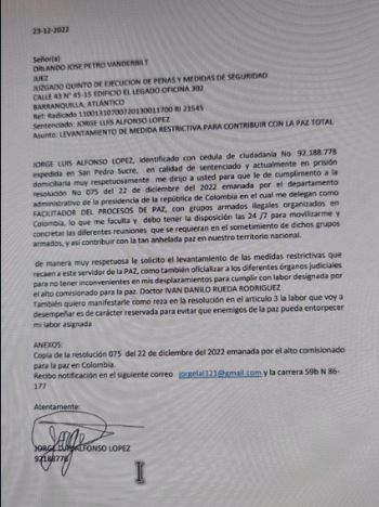 Jorge Luis Alfonso López solicitó directamente su libertad.
