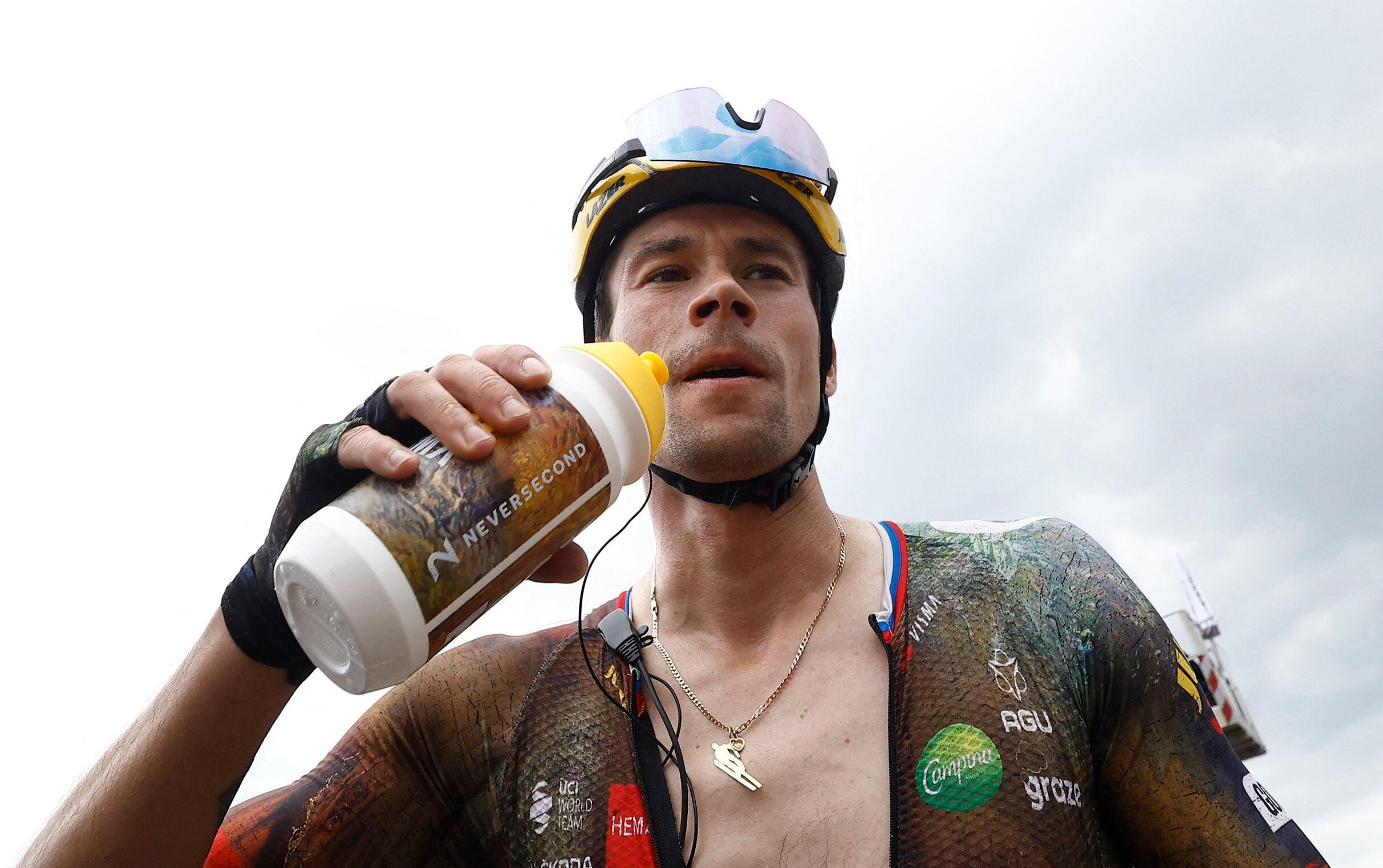 Cycling - Tour de France - Stage 11- Albertville to Col du Granon Serre Chevalier - France - July 13, 2022 Jumbo - Visma's Primoz Roglic gets a drink after stage 11 REUTERS/Christian Hartmann/Pool