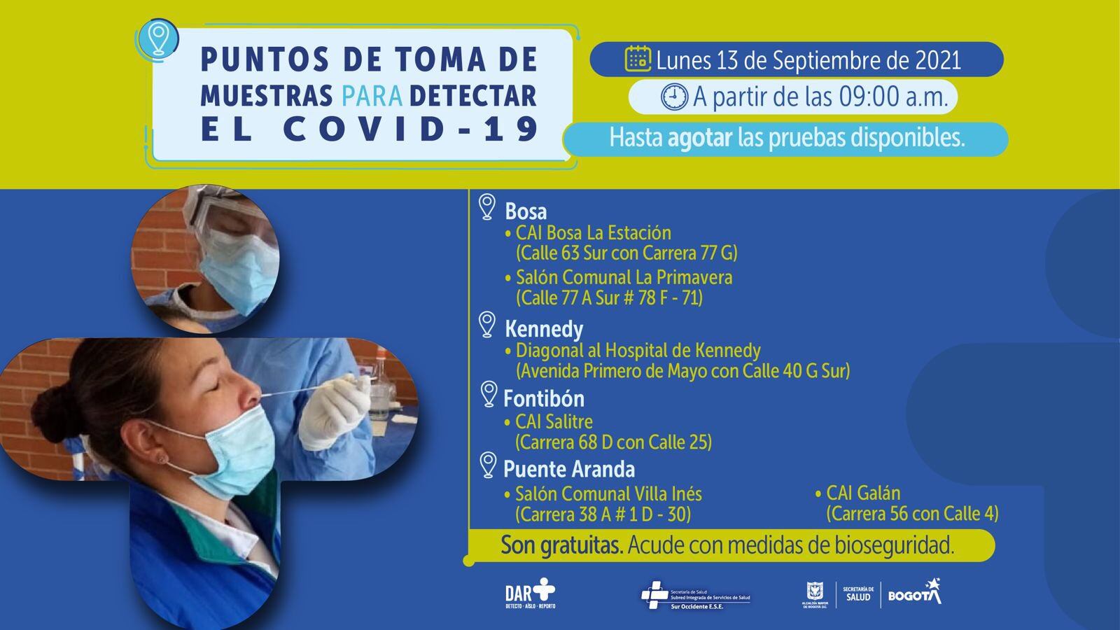 Pruebas gratis de covid 19 hoy lunes 13 de septiembre en Bogotá: estos son los puntos de atención