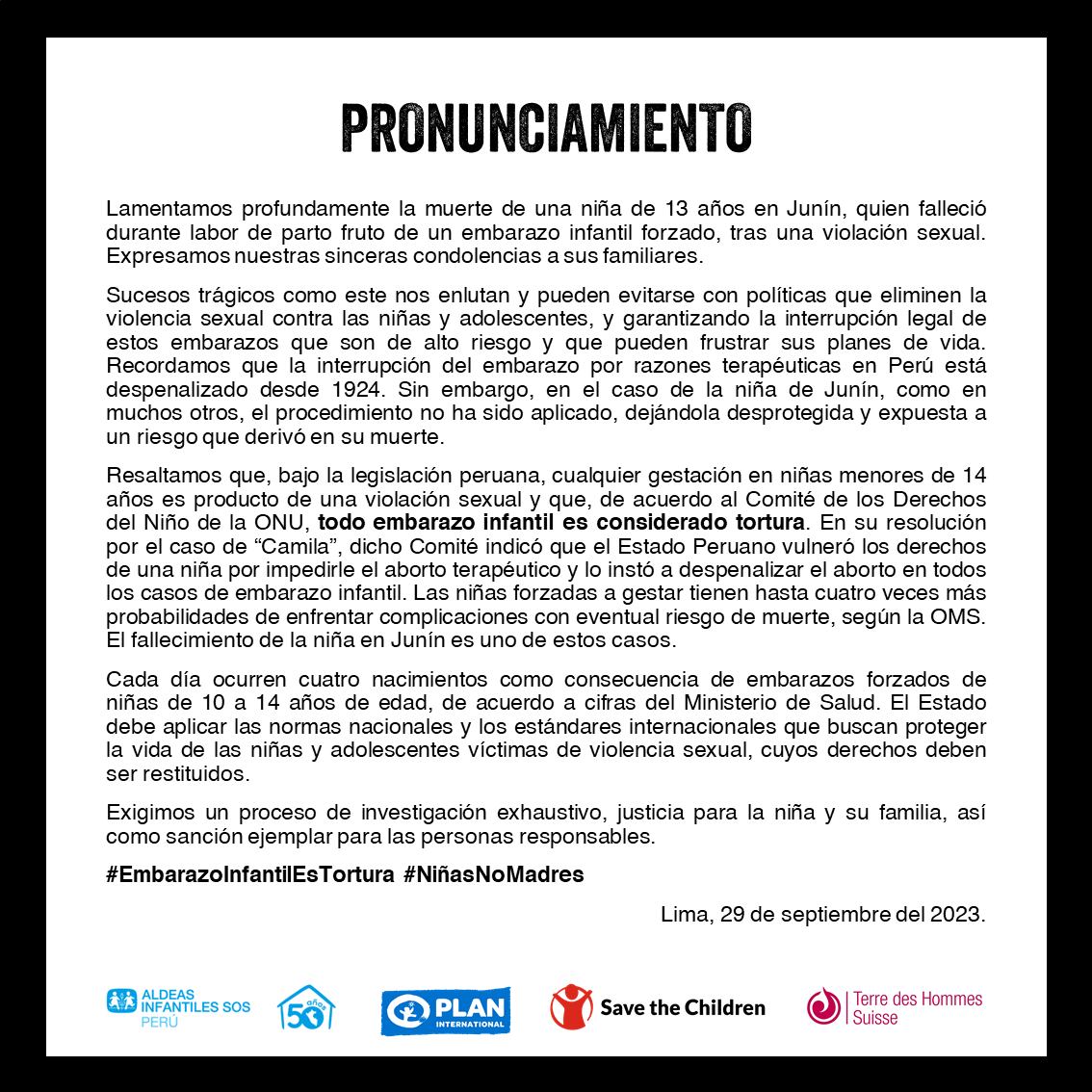 Pronunciamiento de Save The Children sobre muerte de niña durante parto.
