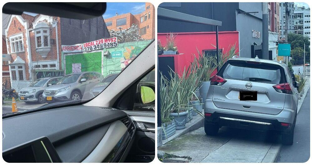 El local vacío que fue tomado como parqueadero en la calle 66 de Chapinero y un vehículo parqueando indebidamente sobre el andén.