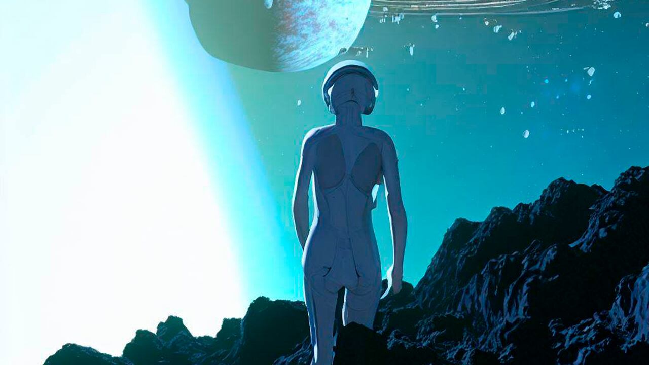 Ilustración de cosmonautas humanos viviendo en un asteroide.