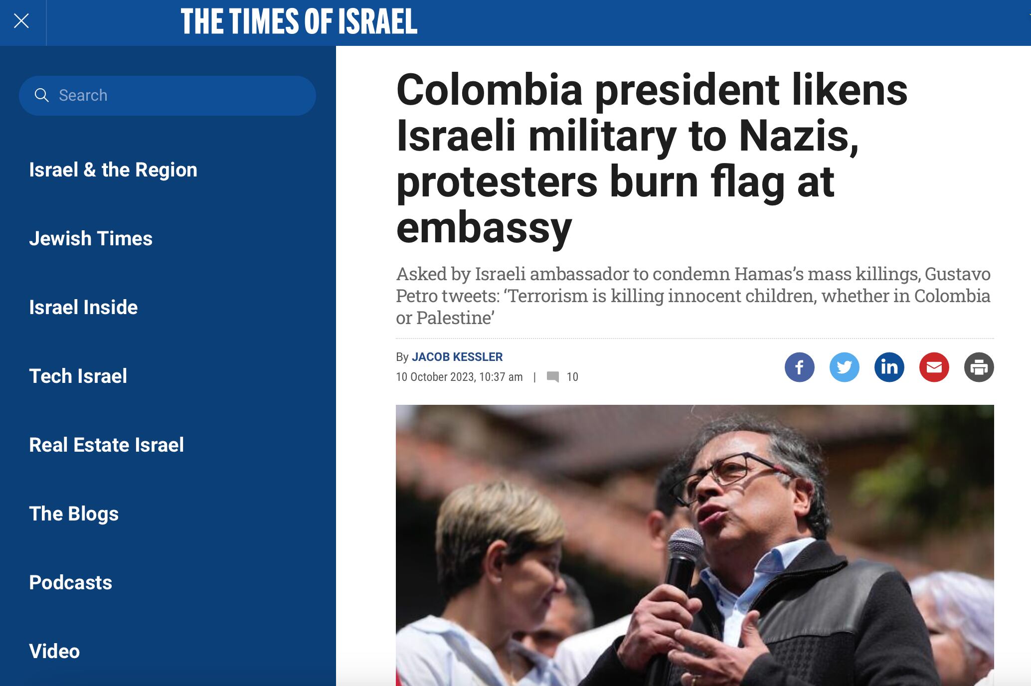 Publicación de The Times of Israel sobre Gustavo Petro.