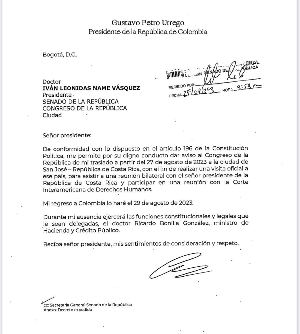 Carta presidente Petro al Congreso sobre su nuevo viaje internacional