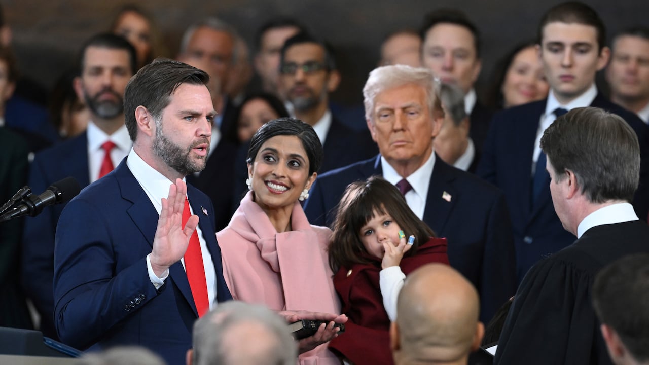 J.D. Vance takes the oath of office as Vice President during the 60th Presidential Inauguration in the Rotunda of the U.S. Capitol in Washington, Monday, Jan. 20, 2025. (Saul Loeb/Pool photo via AP)