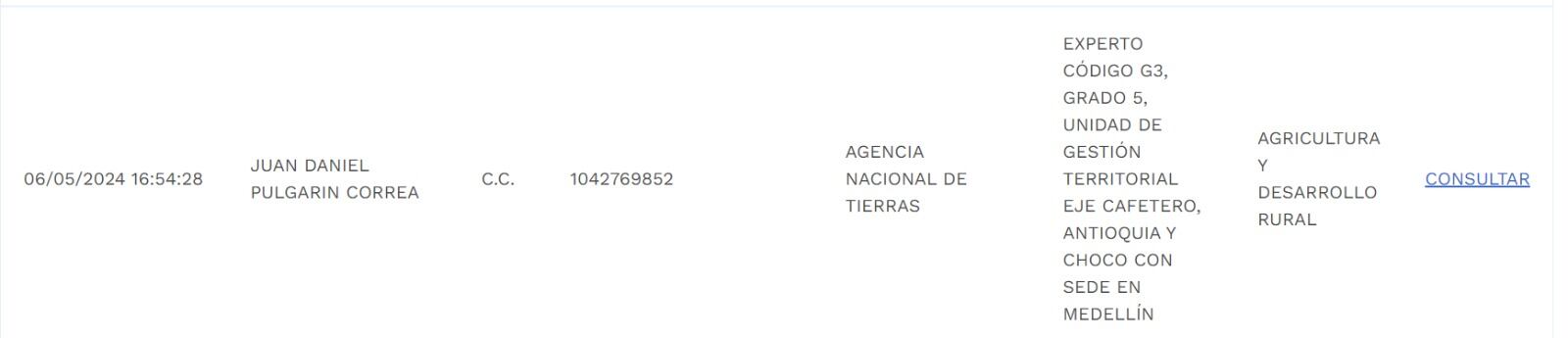 La hoja de vida de Juan Daniel Pulgarín fue publicada para asumir una dirección regional de la Agencia Nacional de Tierras.