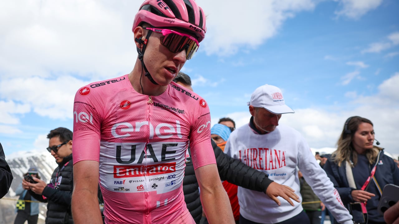 LIVIGNO, ITALY - MAY 19: Tadej Pogacar of Slovenia and UAE Team Emirates - Pink Leader Jersey and stage winner looks on during the 107th Giro d'Italia 2024, Stage 15 a 222km stage from Manerba del Garda to Livigno - Mottolino on May 19, 2024 in Livigno, Italy. (Photo by Sara Cavallini/Getty Images)