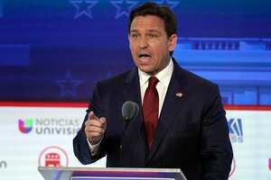 Florida Gov. Ron DeSantis speaks during a Republican presidential primary debate hosted by FOX Business Network and Univision, Wednesday, Sept. 27, 2023, at the Ronald Reagan Presidential Library in Simi Valley, Calif. (AP Photo/Mark J. Terrill)
