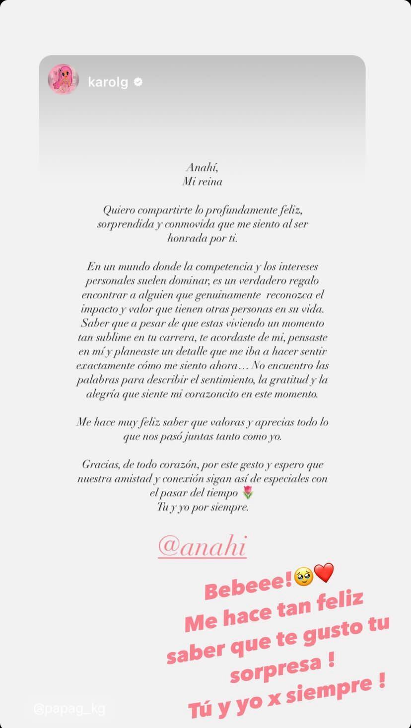 Karol G dedicó carta a Anahí