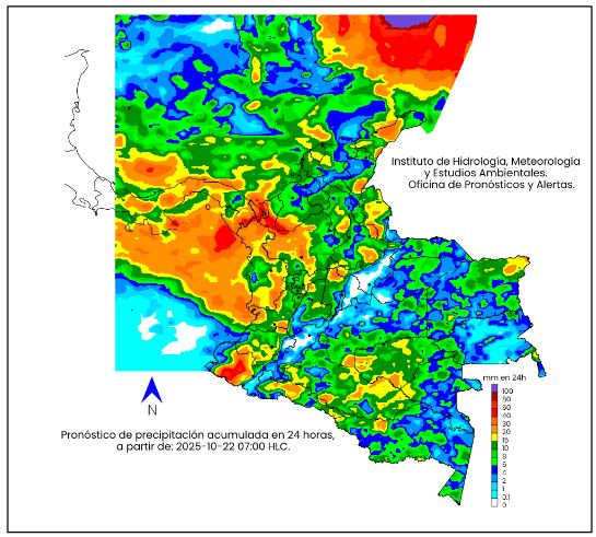 La escala de colores indica la cantidad de precipitación acumulada para el miércoles 22 de octubre de 2025