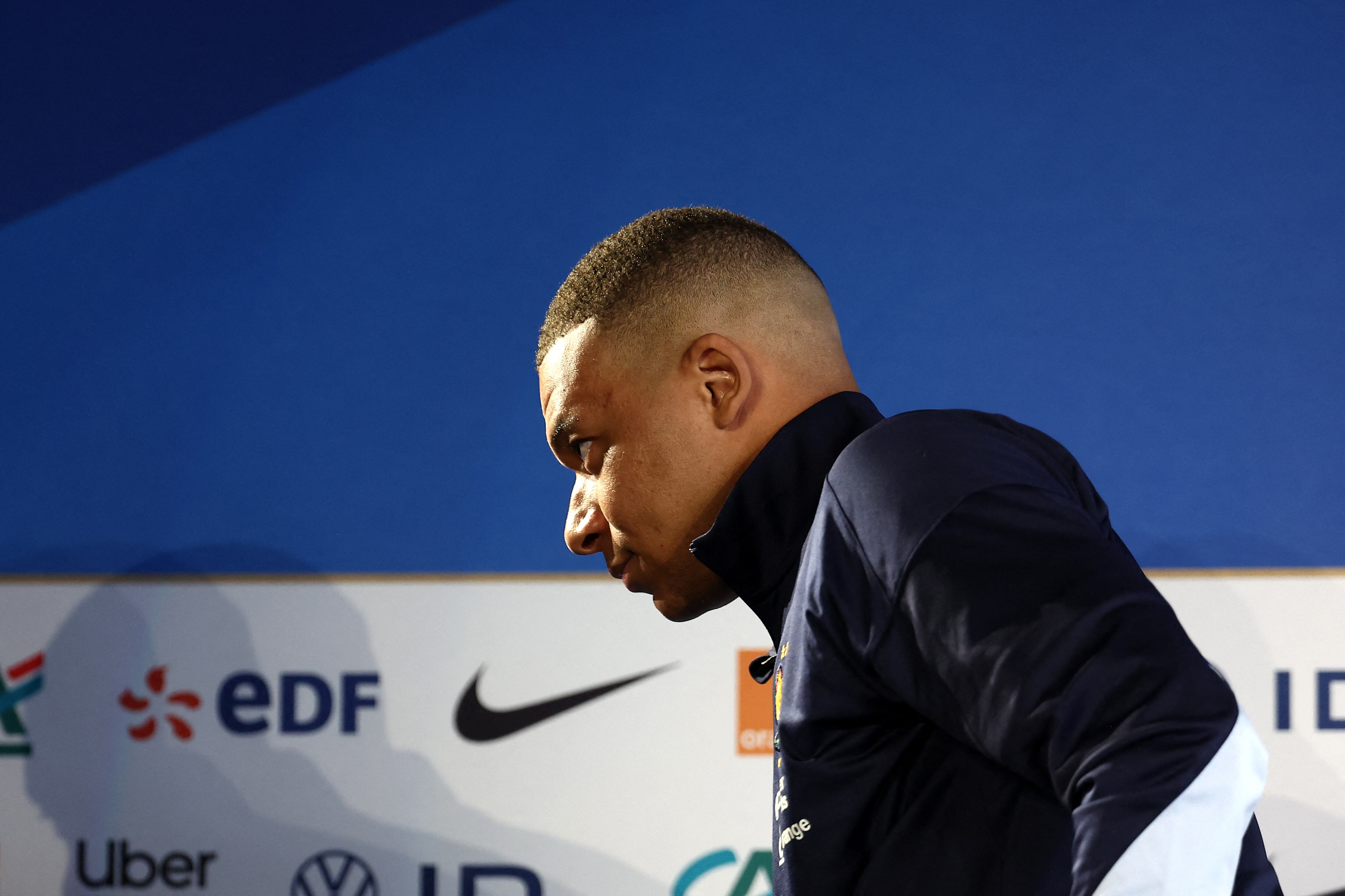 France's forward Kylian Mbappe attends a press conference on the eve of the team's international friendly against Luxembourg, as part of their preparations for the UEFA Euro 2024 European football championships, in Longeville-les-Metz, eastern France, on June 4, 2024. (Photo by FRANCK FIFE / AFP)