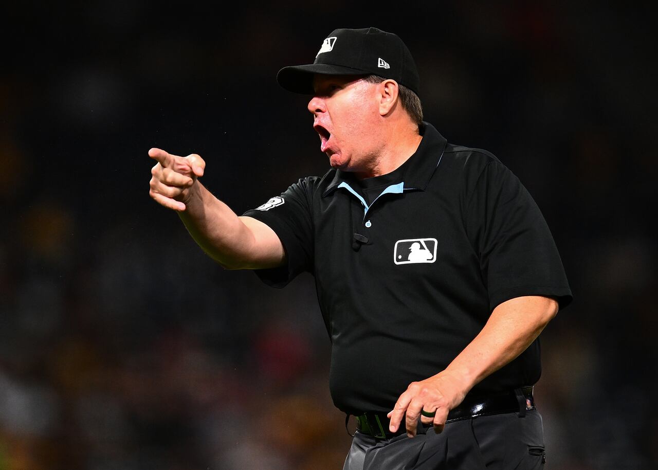 PITTSBURGH, PENNSYLVANIA - SEPTEMBER 20: Umpire Doug Eddings #88 argues with the Athletics bench during the sixth inning against the Pittsburgh Pirates at PNC Park on September 20, 2025 in Pittsburgh, Pennsylvania. (Photo by Joe Sargent/Getty Images)