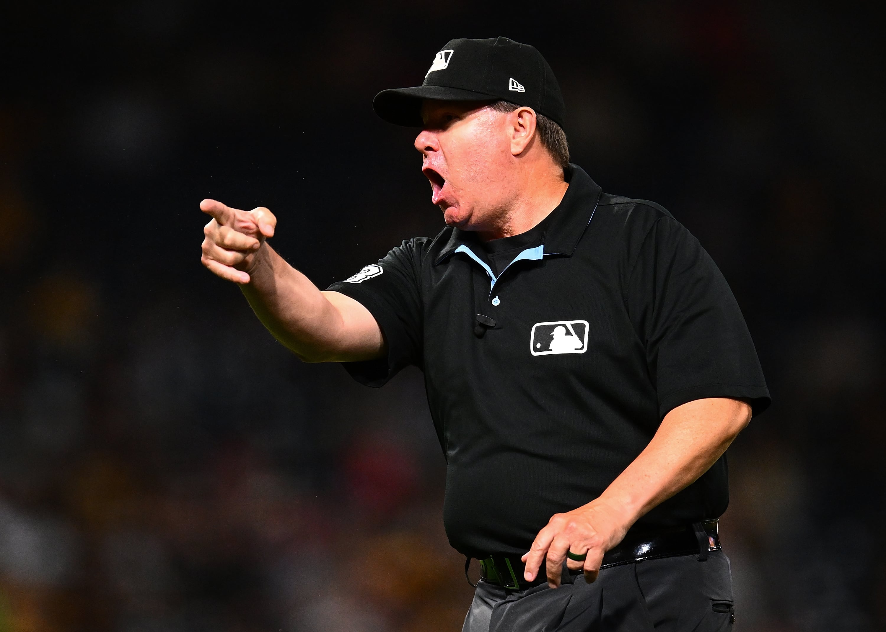 PITTSBURGH, PENNSYLVANIA - SEPTEMBER 20: Umpire Doug Eddings #88 argues with the Athletics bench during the sixth inning against the Pittsburgh Pirates at PNC Park on September 20, 2025 in Pittsburgh, Pennsylvania. (Photo by Joe Sargent/Getty Images)