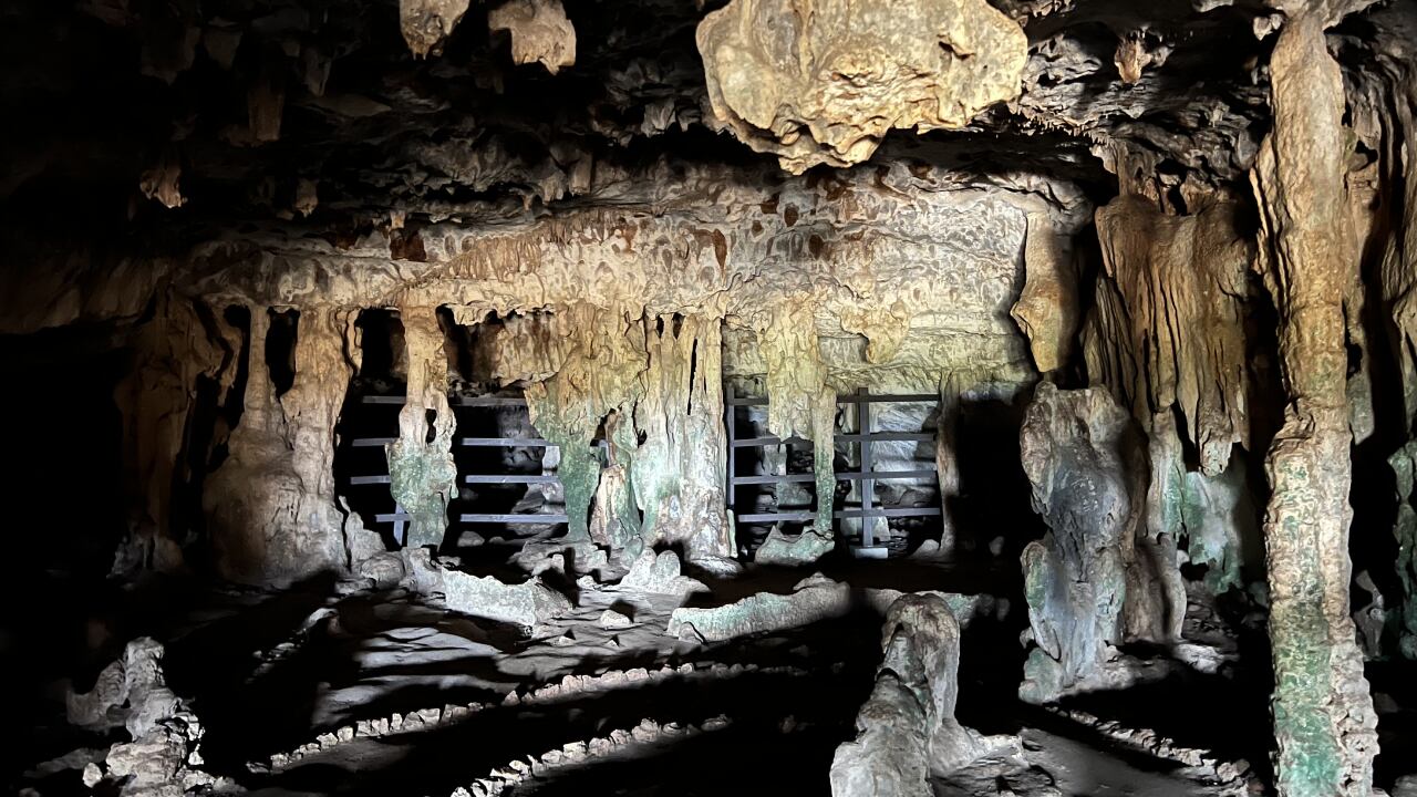 Fontein Cave. De fondo, detrás de la madera, el hábitat natural del murciélago de fruta
