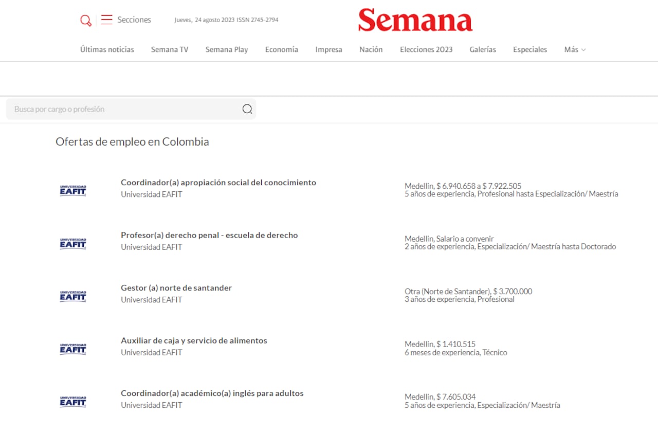 Estas son las ofertas de empleo que lanzó la Universidad Eafit en Colombia.